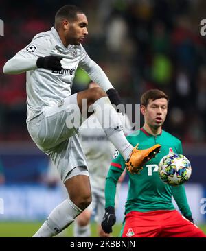 Jonathan Tah of Bayer Leverkusen (L) and Fedor Smolov of FC Lokomotiv Moskva vie for the ball during the UEFA Champions League group D match between FC Lokomotiv Moskva and Bayer Leverkusen at RZD Arena on November 26, 2019 in Moscow, Russia. (Photo by Igor Russak/NurPhoto) Stock Photo
