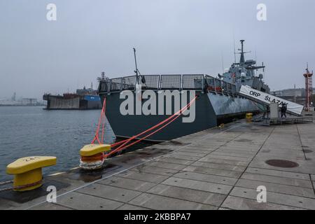 Polish Navy ORP Slazak patrol vessel the day before officially start of the service is seen in Gdynia, Poland on 27 November 2019 The ORP Slazak will be an Offshore Patrol Vessel of the Polish Navy, formerly known as Gawron-class corvette. Construction of the ship started in 2001. (Photo by Michal Fludra/NurPhoto) Stock Photo