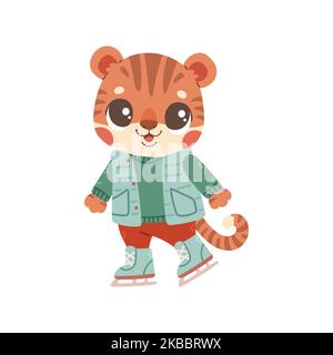 Cute tiger ice skating isolated. Sport and leisure concept illustration Stock Vector