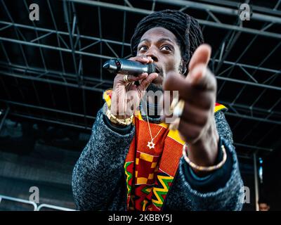 Singer Act LePrince is performing during the Anti Black Piet rally in Eindhoven, on November 30th, 2019. (Photo by Romy Arroyo Fernandez/NurPhoto) Stock Photo