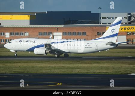 El Al Israel Airlines Boeing 737-800 NG aircraft as seen during rotation on a take off departure from Brussels Zaventem International Airport in Belgium on 19 November 2019. The airplane has the registration 4X-EKF, the name Kinneret. El Al Israel Airlines Ltd LY ELY ELAL is the flag carrier of Israel. The Israeli airline carrier is based with a hub at Tel Aviv Ben Gurion Airport TLV LLBG. (Photo by Nicolas Economou/NurPhoto) Stock Photo
