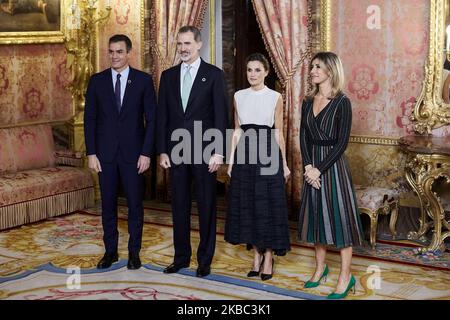 King Felipe VI, Queen Letizia, Pedro Sanchez and Begona Gomez attends to Palace Audience during the COP25 at Royal Palace in Madrid, Spain. December 02, 2019. (Photo by A. Ware/NurPhoto) Stock Photo