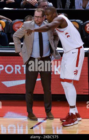 Serge Ibaka #9 of the Toronto Raptors and Head coach Nick Nurse during the Toronto Raptors vs Miami Heat NBA regular season game at Scotiabank Arena on December 03, 2019, in Toronto, Canada (Miami Heat won 121-110) (Photo by Anatoliy Cherkasov/NurPhoto) Stock Photo