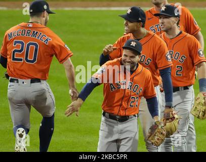 Philadelphia, United States. 04th Nov, 2022. Houston Astro Jose Altuve (27) congratulates center fielder Chas McCormick after the Astros defeated the Philadelphia Phillies 3-2 in game five of the 2022 World Series at Citizens Bank Park in Philadelphia on Thursday, November 3, 2022. The Astros take a 3-2 lead in the best-of-seven series. Photo by Ray Stubblebine/UPI. Credit: UPI/Alamy Live News Stock Photo