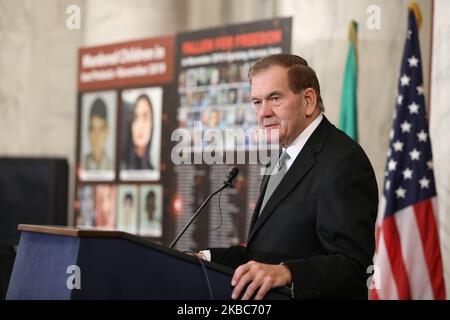 Gov. Tom Ridge, the U.S. first Homeland Security Secretary, speaking at an event in the Kennedy Caucus room in the U.S. Senate, on Dec. 4, 2019, entitled, Iran Uprising: The Nations Rises for Freedom. Gov. Tom Ridge, for a long time it was said Mujahedin-e Khalq has no support and is insignificant. Events of the past two weeks showed that they are the alternative to the regime, which will certainly fall. The briefing was organized by the Organization of the Iranian American Communities (OIAC). (Photo by Siavosh Hosseini/NurPhoto) Stock Photo