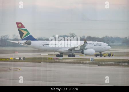 South African Airways Airbus A330 (A330-243) airplane as seen on 19 November 2019 at Munich International Airport MUC EDDM named Franz Josef Strauss, Flughafen Munchen, capital of Bavaria, Germany. The aircraft has the registration ZS-SXX with 2x RR jet engines. South African Airlines SA SAA SPRINGBOK is a state owned flag carrier airline of South Africa, Star Alliance member headquartered in Airways Park at O.R Tambo International Airport in Johannesburg JNB hub. (Photo by Nicolas Economou/NurPhoto) Stock Photo