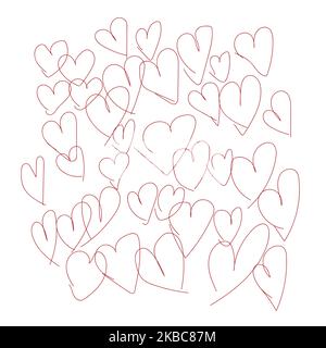 hand drawn red hearts in outline shape pattern, background. Stock Vector