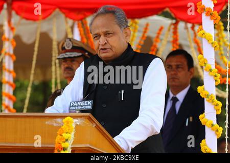 Rajasthan Chief Minister Ashok Ghelot speaks during the 57th Home Defence Foundation Day celebration in Jaipur, Rajasthan, India on Decembe 6, 2019. (Photo by Vishal Bhatnagar/NurPhoto) Stock Photo