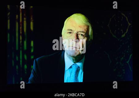 Former Conservative Prime Minister Sir John Major speaks via videolink during a rally at the Mermaid Theatre to encourage tactical voting in the upcoming general election and demand a public vote on the outcome of Brexit on 06 December, 2019 in London, England. The rally, organised by the Vote for a Final Say campaign and For our Future’s Sake, takes place ahead of the last week of campaigning for the 12 December General Election. (Photo by WIktor Szymanowicz/NurPhoto) Stock Photo