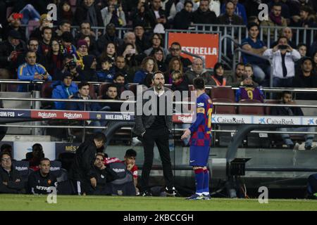 Vicente Moreno Peris coach of RCD Mallorca and 10 Lionel Messi from Argentina of FC Barcelona during the La Liga Santander match between FC Barcelona and RCD Mallorca in Camp Nou Stadium in Barcelona 07 of December of 2019, Spain. (Photo by Xavier Bonilla/NurPhoto) Stock Photo