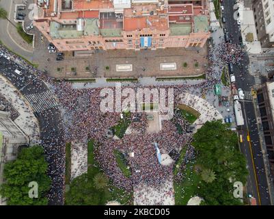 In this aerial view, Argentina's President Mauricio Macri, center, waves to their supporters minutes after the end of his farewall rally as president, in Buenos Aires, Argentina, on December 7, 2019. (Photo by Mario De Fina/NurPhoto) Stock Photo