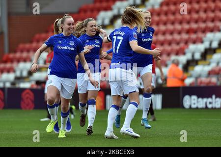 Everton Women celebrate the opening goal during the Barclays FA Women's Super League match between Manchester United and Everton at Leigh Sport Stadium, Leigh on Sunday 8th December 2019. (Photo by Eddie Garvey/MI News/NurPhoto) Stock Photo