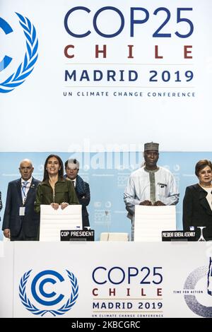 High level session in the COP25 Climate Change Summit in Madrid, Spain, on 10 December 2019. From left to right; Carolina Schmidt, President of COP25, Tijani Muhammad-Bande, President of the UN General Assembly. (Photo by Celestino Arce/NurPhoto) Stock Photo