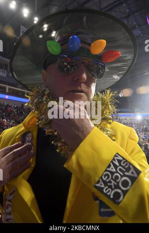 John Kilduff, 60, of Mechanicsburg, PA shows off his self-made costume that includes pictures of Nancy Pelosi and Adam Schiff as U.S. President Donald Trump and Vice-President Mike Pence return to Pennsylvania for a a Keep America Great campaign rally at the Giant Center, in Hershey, PA, on December 10, 2019. (Photo by Bastiaan Slabbers/NurPhoto) Stock Photo