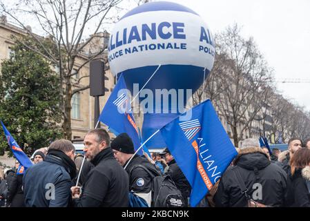 On Wednesday, December 11, 2019, on the 7th day of the strike against pension reform and as Prime Minister Edouard Philippe announced the reform project before the EESC (Economic, Social and Environmental Council) in Paris, several hundred striking police officers protested against the reform project and the end of their benefits by whistling at the Prime Minister's arrival. This rally was initiated by the main police unions: Alliance Police Nationale, SGP Police FO and UNSA Police. (Photo by Samuel Boivin/NurPhoto) Stock Photo