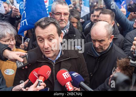 Fabien Vanhemelryck, Secretary General of the Alliance Police Nationale union, answers journalists' questions following the Prime Minister's announcement alongside Yves Lefebvre and Yves Capon on Wednesday 11 December 2019, on the 7th day of the strike against pension reform and while Prime Minister Edouard Philippe announced the reform project before the EESC (Economic, Social and Environmental Council) in Paris, a few hundred striking police officers protested against the reform project and the end of their benefits by whistling the Prime Minister's arrival. This rally was initiated by the m Stock Photo