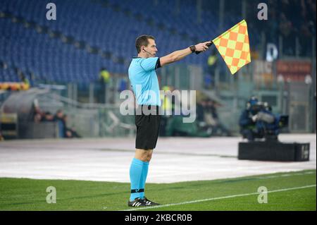 Assistant referee signals offside during the Europe League football match AS Roma vs Wolfsberger AC at the Olympic Stadium in Rome, on december 12, 2019. (Photo by Silvia Lore/NurPhoto) Stock Photo