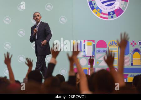 Former U.S. President Barack Obama speaks on the stage as he attends an Obama Foundation event in Kuala Lumpur, Malaysia, 13 December 2019. Obama and his wife Michelle are in Kuala Lumpur for the inaugural Leaders: Asia-Pacific conference, focused on promoting women's education in the region. (Photo by Zahim Mohd/NurPhoto) Stock Photo