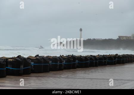 The beach is protected against the high tide and the big waves in Biarritz, France, on 13 December 2019. A storm is still on in the south west of France, in' pyrennes. (Photo by Jerome Gilles/NurPhoto) atlantiques',a heavy rain, strong winds, huge waves, flooding river, high tides ,flood in town, road closes cause of flood.On the coast a huge swell arrived this morning with very strong winds,fall beaches were closed. Stock Photo