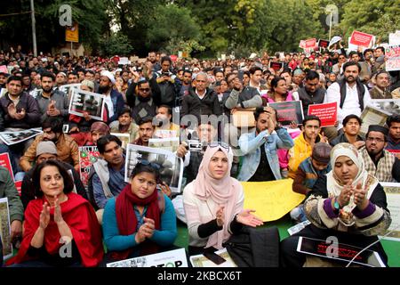 Demonstrators display placards to protest against the government's Citizenship Amendment Bill (CAB) in New Delhi on December 14, 2019. The Citizenship Amendment Act has triggered nationwide protests as it paved way for six minority communities Hindus, Sikhs, Jain, Buddhists, Zoroastrians and Christians who came to India from Pakistan, Bangladesh or Afghanistan to escape religious persecution before December 31, 2014 to get Indian citizenship. (Photo by Mayank Makhija/NurPhoto) Stock Photo