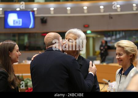 Christine Lagarde President of European Central Bank at the roundtable during the European Council - Euro Summit - EU leaders meeting on the second day. Brussels, Belgium - December 13, 2019 (Photo by Nicolas Economou/NurPhoto) Stock Photo