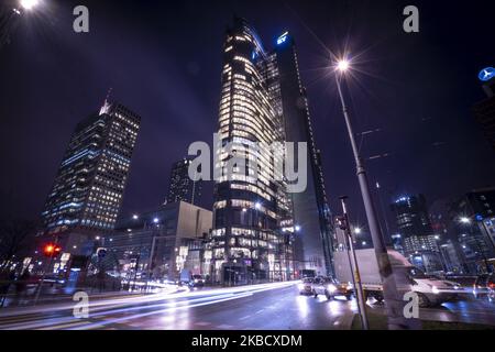 Traffic is seen on the Rondo ONZ in central Warsaw, Poland on December 13, 2019. Poland is the only country not taking part in the EU climate goal set for 2050. Last Friday EC leader Ursual Von Der Leyen pushed through a 100 billion Euro investment plan for net-zero greenhouse gas emissions by mid-century for all 27 nations except Poland which still relies on coal for 80 percent of it's energy delivery (Photo by Jaap Arriens/NurPhoto) Stock Photo