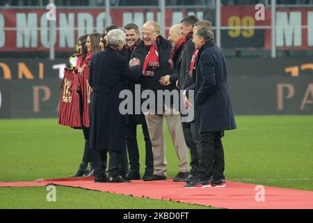 Paolo Scaroni President of AC Milan and Gianni Rivera during the Serie A match between AC Milan and US Sassuolo at Stadio Giuseppe Meazza on December 15, 2019 in Milan, Italy. (Photo by Giuseppe Cottini/NurPhoto) Stock Photo