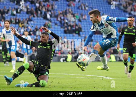 Emerson de Souza and Victor Campuzano during the match between RCD Espanyol and Real Betis Balompie, corresponding to the week 17 of the Liga Santander, played at the RCDE Stadium, on 15th December 2019, in Barcelona, Spain. (Photo by Joan Valls/Urbanandsport /NurPhoto) Stock Photo