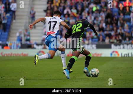 Didac Vila and Emerson de Souza during the match between RCD Espanyol and Real Betis Balompie, corresponding to the week 17 of the Liga Santander, played at the RCDE Stadium, on 15th December 2019, in Barcelona, Spain. -- (Photo by Urbanandsport/NurPhoto) Stock Photo