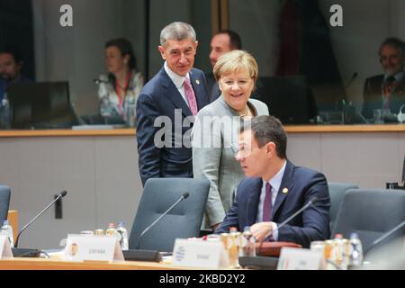 Angela Merkel, Chancellor of Germany, Andrej Babis PM of Czech Republic and Pedro Sanchez Prime Minister of Spain as seen arriving and talking with EU leaders at the roundtable during the second day of the European Council - Euro summit - EU leaders meeting. Brussels, Belgium - December 13, 2019 (Photo by Nicolas Economou/NurPhoto) Stock Photo
