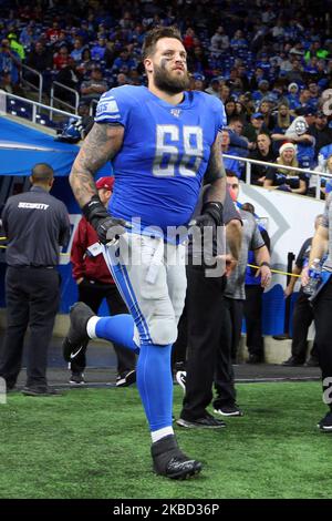 Detroit Lions offensive tackle Taylor Decker (68) sits on the sideline ...