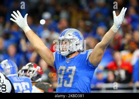 Detroit Lions tight end James Mitchell (82) runs up the sideline during the  second half of an NFL preseason football game against the New York Giants,  Friday, Aug. 11, 2023, in Detroit. (