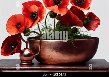 Creative and still life illustration of poppy flowers in a shiny copper pot. Stock Photo