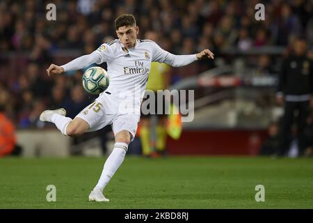 Federico Valverde of Real Madrid shooting to goal during the Liga match between FC Barcelona and Real Madrid CF at Camp Nou on October 26, 2019 in Barcelona, Spain. (Photo by Jose Breton/Pics Action/NurPhoto) Stock Photo