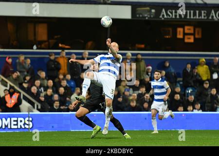 Toni Leistner of QPR battles for possession with Macauley Bonne of Charlton during the Sky Bet Championship match between Queens Park Rangers and Charlton Athletic at Loftus Road Stadium, London on Saturday 21st December 2019. (Photo by Ivan Yordanov/MI News/NurPhoto) Stock Photo