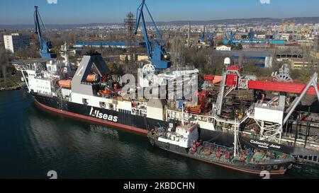 Allseas's support vessel Calamity Jane is docked near the Black sea town of Varna port, Bulgaria, on 22 December 2019. Calamity Jane is a dynamically positioned support vessel that assists Allseas's pipelay vessels.Swiss offshore contractor Allseas Group said on Saturday it is suspending its involvement in Nord Stream 2, an underwater pipeline project to export Russian gas to central Europeafter US sanction. (Photo by: Impact Press Group/NurPhoto) Stock Photo