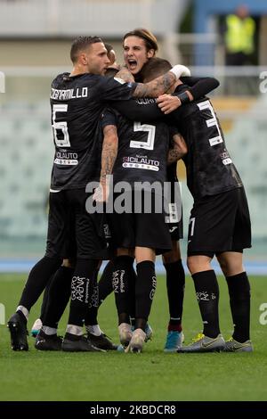 Anthony Taugourdeau of Trapani Calcio 1905 celebrate after scoring a goal during the Italian Serie B 2019/2020 match between Pescara Calcio 1936 and Trapani Calcio 1905 at Stadio Adriatico Giovanni Cornacchia on December 22, 2019 in Pescara, Italy. (Photo by Danilo Di Giovanni/NurPhoto) Stock Photo