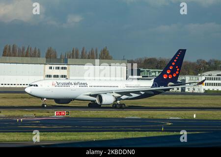 Brussels Airlines Airbus A330-200 aircraft as seen during take off in rotation phase, departing from the runway from Brussels Zaventem BRU EBBR Airport on 19 November 2019. The airplane has the registration OO-SFT, 2x PW jet engines and the airline carrier is a member of Star Alliance aviation alliance. Brussels Airlines SN BEL BEELINE is the flag carrier of Belgium, part of the Lufthansa Group with 62 jet aircraft fleet and 120 destinations. (Photo by Nicolas Economou/NurPhoto) Stock Photo