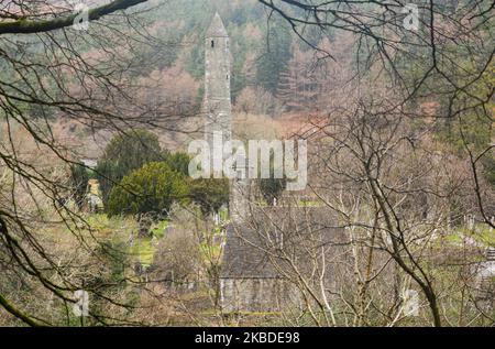 A general view of an Early Medieval monastic settlement in Glendalough. On Monday, December 23, 2019, in Dublin, Ireland. (Photo by Artur Widak/NurPhoto) Stock Photo