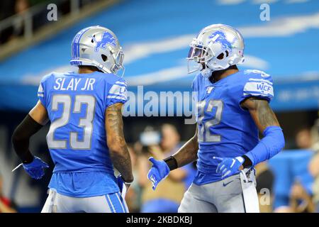 Detroit Lions strong safety Tavon Wilson (32) and Detroit Lions cornerback Darius Slay (23) celebrate during the second half of an NFL football game against the Green Bay Packers in Detroit, Michigan USA, on Sunday, December 29, 2019. (Photo by Amy Lemus/NurPhoto) Stock Photo