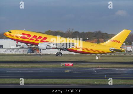 DHL Aviation - EAT Leipzig - European Air Transport Airbus A300 Cargo airplane as seen during take off on rotation phase at Brussels Zaventem International Airport BRU EBBR in Belgium. The A300B4-622R(F) wide body freighter jet airplane has the registration D-AEAT. DHL aviation airways is part of DHL Express owned by Deutsche Post and provides Express Logistics, Air Freight based in Bonn, Germany. (Photo by Nicolas Economou/NurPhoto) Stock Photo