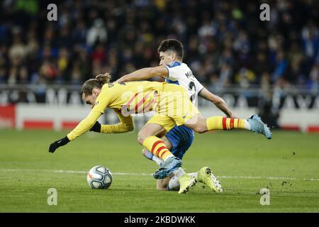 21 Marc Roca of RCD Espanyol and 17 Antoine Griezmann from France of FC Barcelona during La Liga match between RCD Espanyol and FC Barcelona and at RCD Stadium on January 04, 2020 in Barcelona, Spain. (Photo by Xavier Bonilla/NurPhoto) Stock Photo