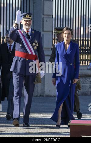 Spain's King Felipe VI and Queen Letizia Spain at the parade ground upon his arrival to chair the army celebration marking Pascua Militar Day, at Royal Palace in downtown Madrid, Spain, 06 January 2020. Spain's King Felipe VI chairs the annual army ceremony to mark Epiphany Day at Royal Palace. Spanish king Carlos III established this ceremony in 1782 after Spanish troops captured the city of Mahon, in Menorca island, fron British troops on 06 January 1782. (Photo by Oscar Gonzalez/NurPhoto) Stock Photo