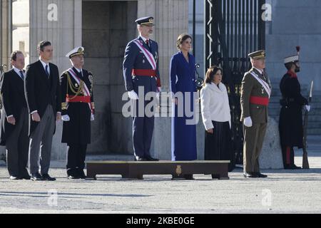 Spain's King Felipe VI and Queen Letizia Spain at the parade ground upon his arrival to chair the army celebration marking Pascua Militar Day, at Royal Palace in downtown Madrid, Spain, 06 January 2020. Spain's King Felipe VI chairs the annual army ceremony to mark Epiphany Day at Royal Palace. Spanish king Carlos III established this ceremony in 1782 after Spanish troops captured the city of Mahon, in Menorca island, fron British troops on 06 January 1782. (Photo by Oscar Gonzalez/NurPhoto) Stock Photo