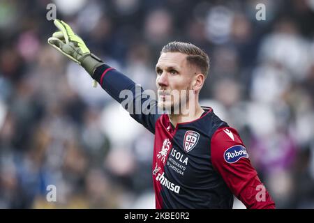 Cagliari goalkeeper Robin Olsen (90) gestures during the Serie A football match n.18 Juventus and Cagliari on January 06, 2020 at the Allianz Stadium in Turin, Piedmont, Italy. (Photo by Matteo Bottanelli/NurPhoto) Stock Photo