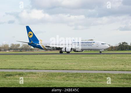 Ukraine International Airlines UIA Boeing 737 aircraft as seen landing at Amsterdam Schiphol AMS EHAM Airport. The airplane has the registration UR-PSI, a Boeing 737-9KV(ER)(WL) variant. UIA is the Ukranian flag carrier. On January 8, 2019 a Boeing 737-800 registered UR-PSR, flight PS 752 from Tehran Imam Khomeini airport in Iran to capital Kyiv, crashed shortly after take off. (Photo by Nicolas Economou/NurPhoto) Stock Photo