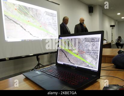 Ukraine International Airlines (UIA) President Yevhenii Dykhne (R) and Vice-President for Flight Operations Ihor Sosnovskyi (L) stand next to a screen with a map of PS-752 flight departure paths , during a press-conference about the Ukrainian Boeing 737-800 plane crash in Iran, at the Boryspil International Airport, not so far from Kyiv, Ukraine , on 11 January, 2020. (Photo by STR/NurPhoto) Stock Photo