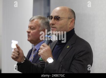 Ukraine International Airlines (UIA) President Yevhenii Dykhne (R) and Vice-President for Flight Operations Ihor Sosnovskyi (L) speaks during a press-conference about the Ukrainian Boeing 737-800 plane crash in Iran, at the Boryspil International Airport, not so far from Kyiv, Ukraine , on 11 January, 2020. (Photo by STR/NurPhoto) Stock Photo