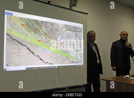 Ukraine International Airlines (UIA) President Yevhenii Dykhne (R) and Vice-President for Flight Operations Ihor Sosnovskyi (L) stand next to a screen with a map of PS-752 flight departure paths , during a press-conference about the Ukrainian Boeing 737-800 plane crash in Iran, at the Boryspil International Airport, not so far from Kyiv, Ukraine , on 11 January, 2020. (Photo by STR/NurPhoto) Stock Photo