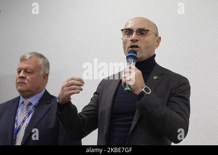 Ukraine International Airlines (UIA) President Yevhenii Dykhne (R) and Vice-President for Flight Operations Ihor Sosnovskyi (L) speaks during a press-conference about the Ukrainian Boeing 737-800 plane crash in Iran, at the Boryspil International Airport, not so far from Kyiv, Ukraine , on 11 January, 2020. (Photo by STR/NurPhoto) Stock Photo